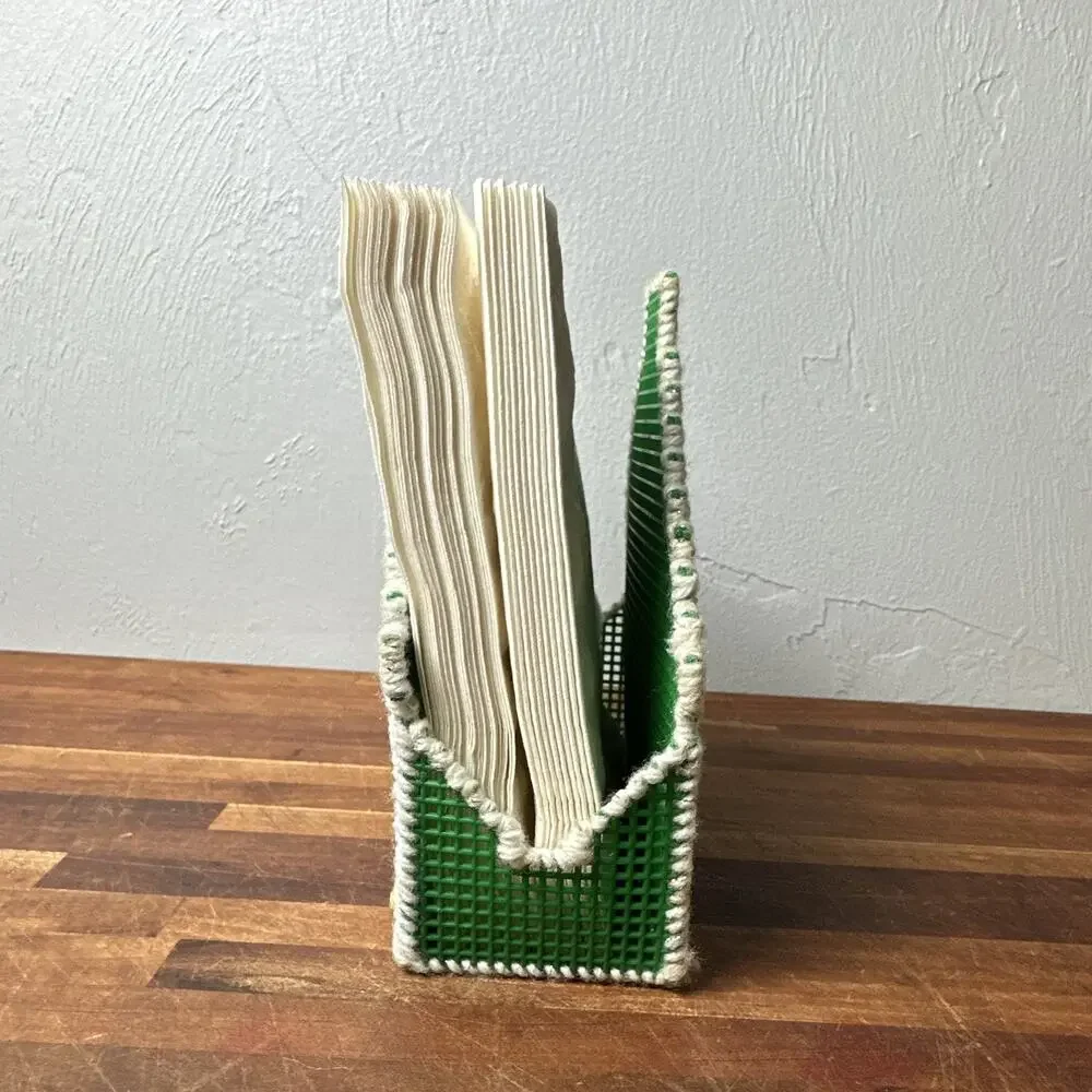Christmas Napkin Holder, Handmade Needlepoint & Plastic,Green Red & White